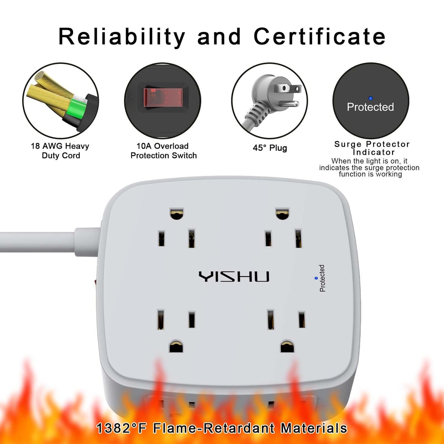 10 Ft Surge Protector Power Strip - 8 Widely Outlets with 4 USB Ports, 3 Side Outlet Extender with 10 Feet Extension Cord, Flat Plug, Wall Mount, Desk USB Charging Station, ETL, Grey