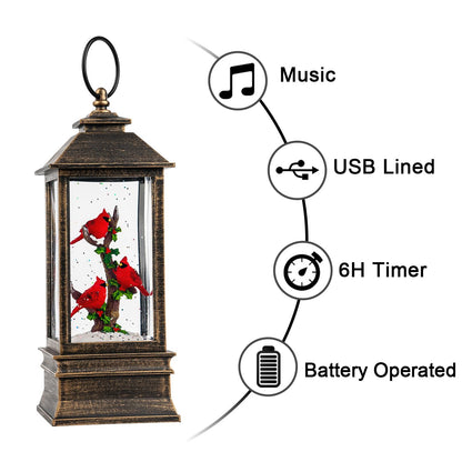 Christmas Snow Globe Lantern Water Glittering 10'' Cardinal with Music & Timer, USB Lined/Battery Operated Lighted Lantern for Christmas Festival Decoration Gifts
