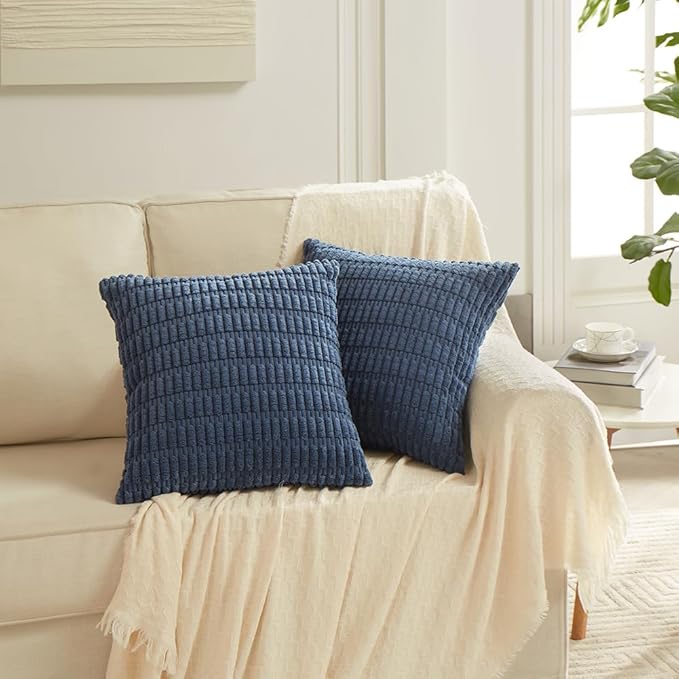 Fancy Homi Dusty Blue Decorative Throw Pillow Covers 18x18 Inch for Living Room Couch Bed Sofa, Rustic Farmhouse Boho Home Decor, Soft Striped Corduroy Square Cushion Case 45x45 cm
