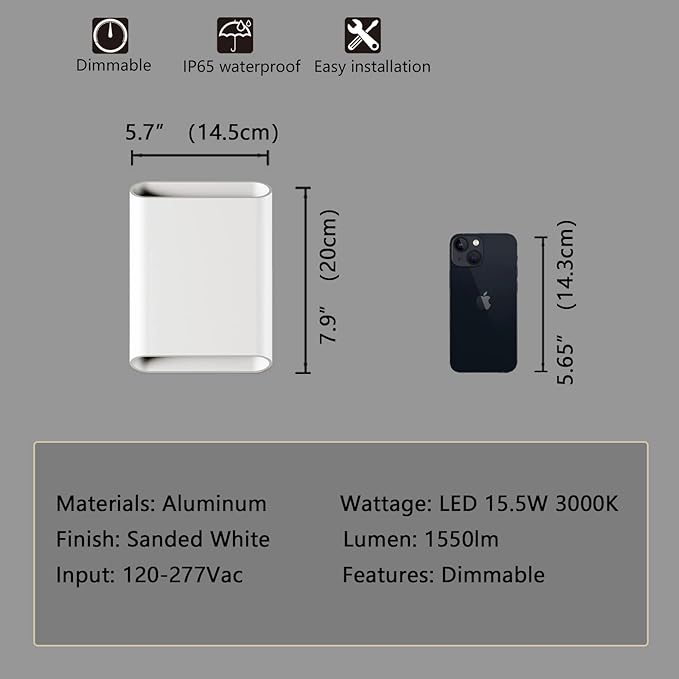 LED Wall Lights Outdoor Wall Sconces Dimmable 15.5W, IP65 Waterproof Porch Lights Up and Down Modern Wall Lamps, Patio Wall Light Fixture, 3000K 120-277V CRI 90+ (White)