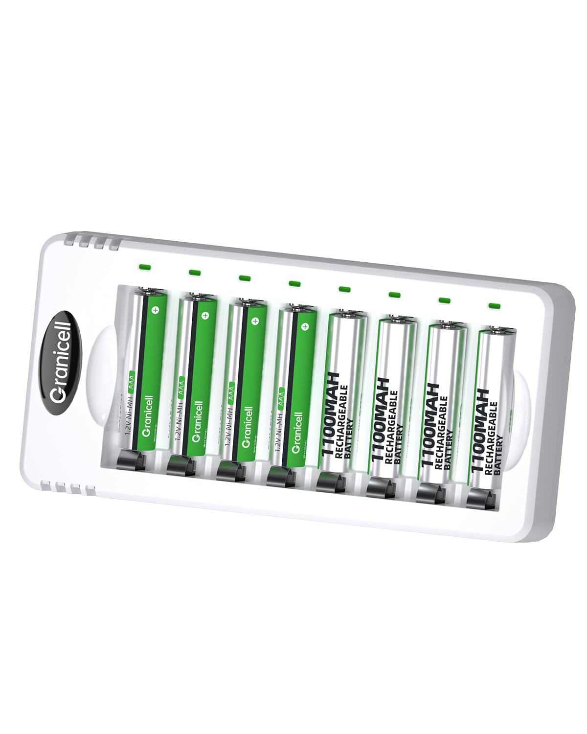 Granicell Rechargeable AAA Batteries with Charger,8 Pack 1100mAh Low Self Discharge Triple A Batteries with 8 Bay AA AAA Smart Battery Charger for Ni-MH Ni-CD,Independent Slot