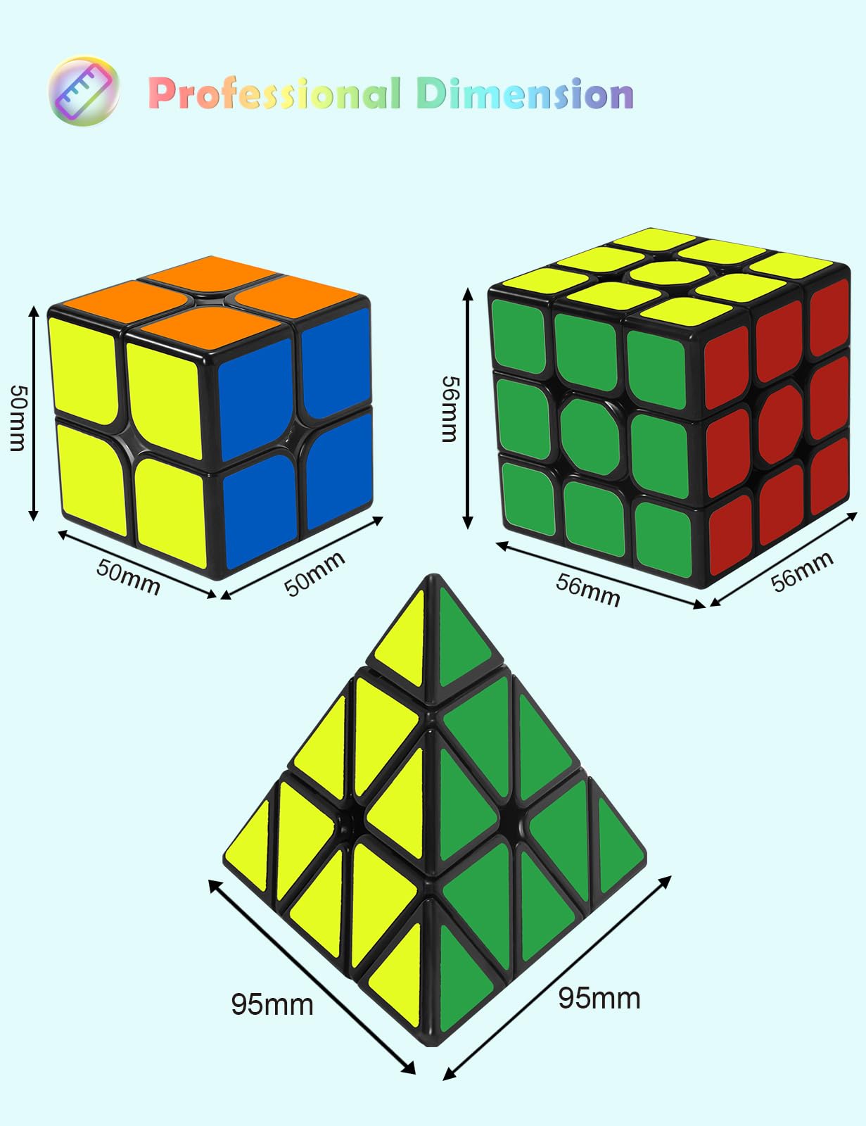 ROXENDA Speed Cube Set, 2X2 3X3 Pyramid Speed Cube Stickerless Fast Cube with Instruction (Sticker cube set)