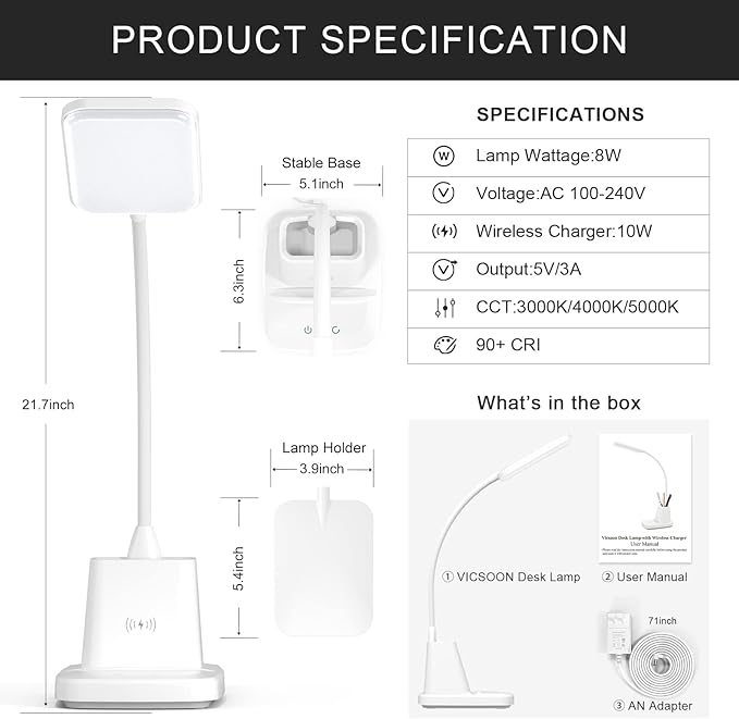 LED Desk Lamp with Wireless Charger for Home Office, Small with Pen Holder, 800LM,3 Color Modes,Gooseneck, Eye-Caring White Desk Lamps for Home College Dorm Room