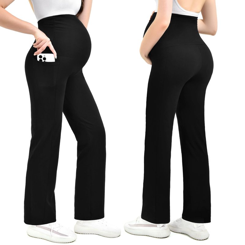 Leafigure Maternity Pants with Pockets Over The Belly Lounge Wide Leg Yoga Pants for Women Pregnancy Black L