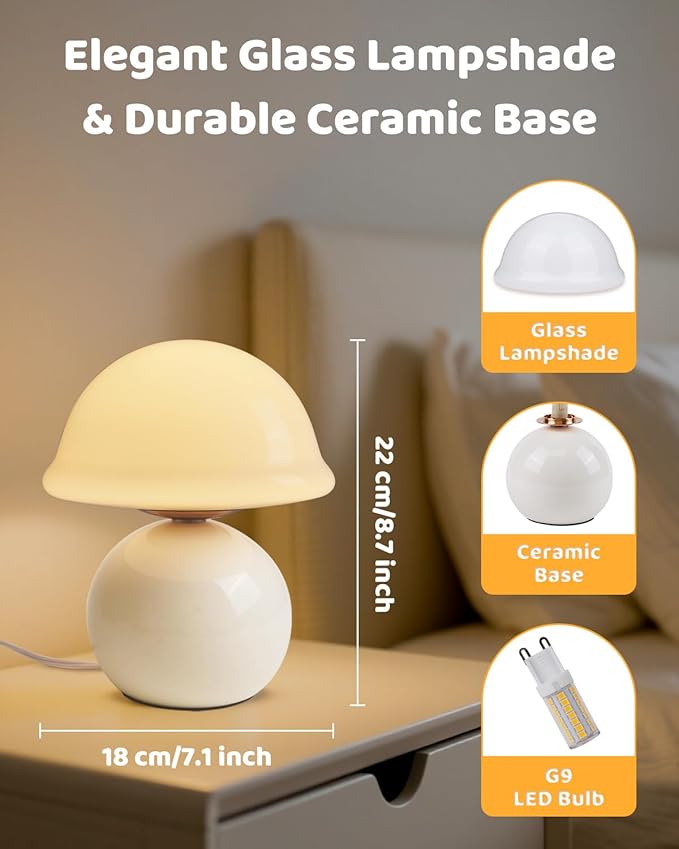 Mushroom Lamp Bedside Table Lamp for Bedroom, Cute Small Lamps with Glass Lampshade, Nightstand Lamp with Dimmer for Living Room Kitchen Apartments Offices Desk Shelves (White)