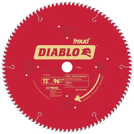 Diablo Saw Blade for Medium Aluminum - 12" Diameter, 96 TCG Teeth, 1" Arbor, .091" Kerf, -5° Hook Angle, .071" Plate, 5000 Max RPM - D1296N
