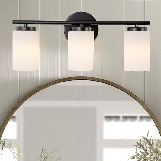 3-Light Bathroom Vanity Lighting Fixture, Industrial Black Wall Light Sconce Frosted Milky White Glass Shade