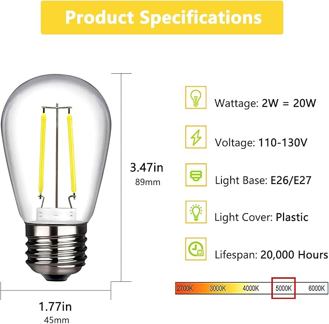 25-Pack LED S14 Bulbs 2W String Light Replacement Bulbs, Shatterproof Outdoor 20 Watt Equivalent 5000K Daylight S14 Light Bulbs for Patio Garden, Clear Plastic Cover E26 Base, Non-Dimmable