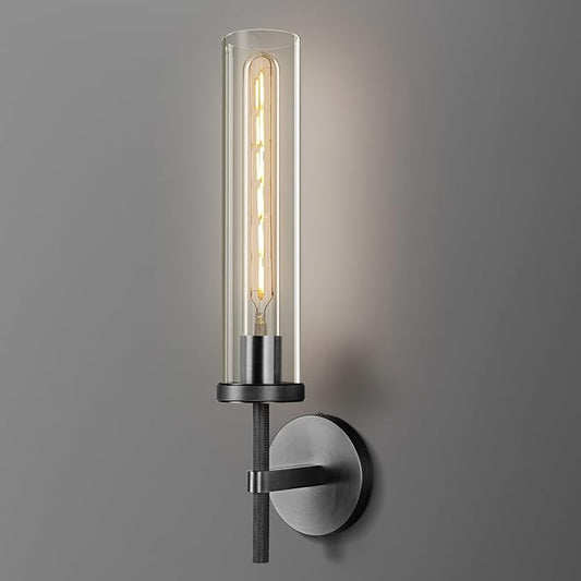Matte Black Wall Sconce 19.48" Industrial Wall Lamp with Clear Glass Tube, Bathroom Vanity Lighting & Bedroom Hallway Staircase Sconces, Garage Entryway Porch Light Fixture(Including Bulb)