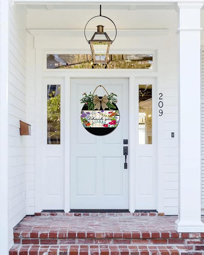A Garden Thank You Front Door Sign Funny Wreaths Hanging Wooden Plaque Decoration Round Rustic Wood Farmhouse Porch Decor for Home Front Door Decor, 12 x 12 Inch