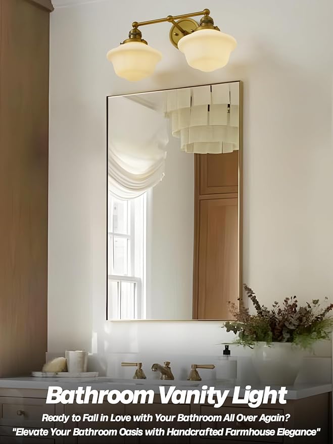 Vintage 2-Lights Wall Sconce Lights Brass Gold Bathroom Vanity Light with Milk Glass Double Sconce Wall Mounted Lamp for Bedroom Living Room Bathroom Mirror Kitchen Hallway Hardwire