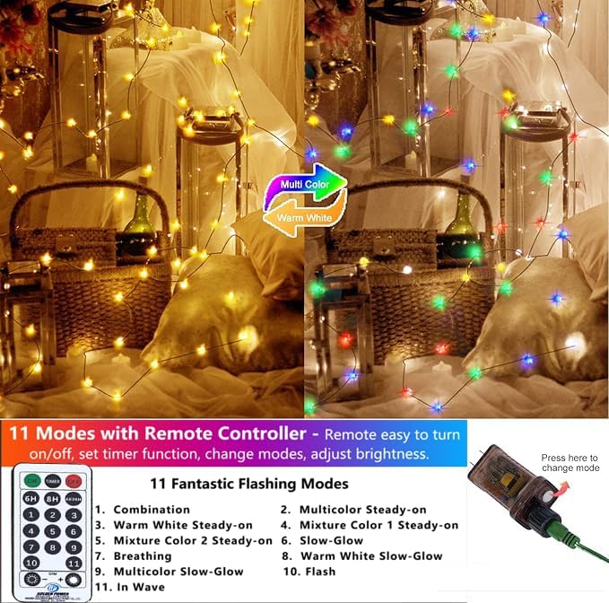 Decute 300LED Christmas Tree Lights Fairy String Light 99FT Green Copper Wire Warm White and Multicolor Dimmable with Remote, UL Cerficated Twinkle Lights for Party Wedding Indoor Outdoor Decor