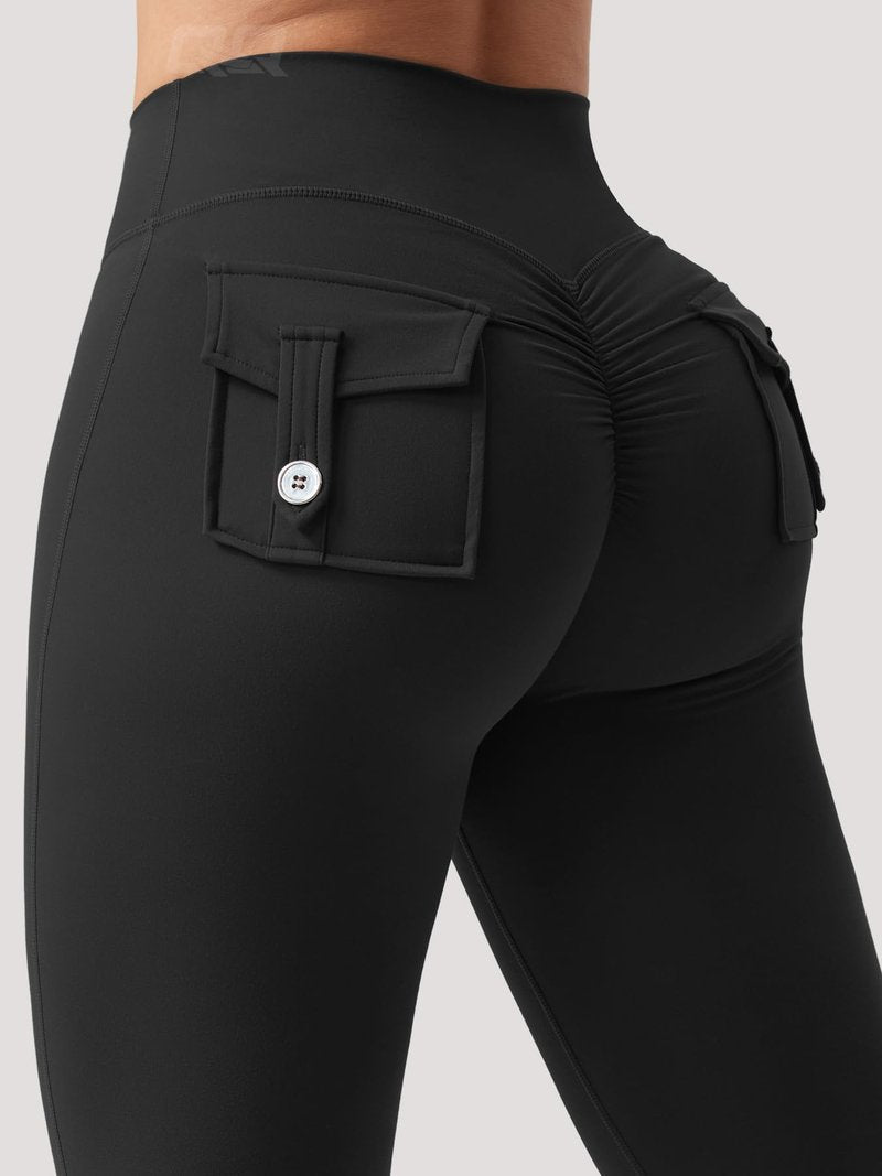 QOQ Flare Leggings with Pockets for Women Workout Scrunch Flare Leggings Tummy Control Gym Yoga Pants Wide Leg Black L