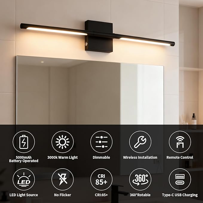 Battery Operated Wall Sconces Set of 2,Dimmable Wall Sconce with Remote Control,Modern Black LED Rechargeable Wall Sconces Lights,27 Inch Wireless Lamp for Living Room,Bedroom,Bathroom