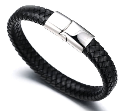 HALUKAKAH Kids ● Solo Junior ● Boy's Genuine Leather Bracelet Classic Black 6-12 Y/O. Titanium Magnetic Clasp 7"/18cm,Free Giftbox
