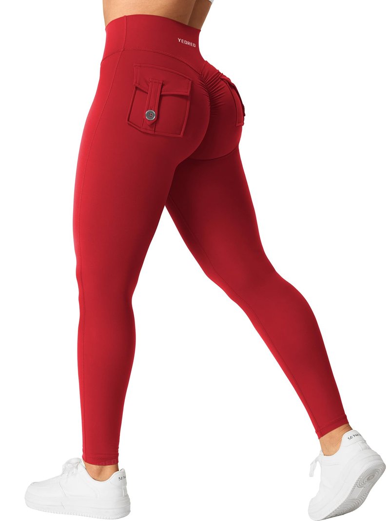 YEOREO Leggings with Pockets for Women Charm Scrunch Workout Leggings V Cross Waist Butt Lifting Gym Yoga Pants Red M