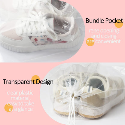 Belinlen 100 Pack 12x18 inch Plastic Drawstring Bags Transparent Shoe Bags for Travel Large Clear Shoes Storage Organizers Pouch with Cotton Draw Strings Shoe Dust Bags