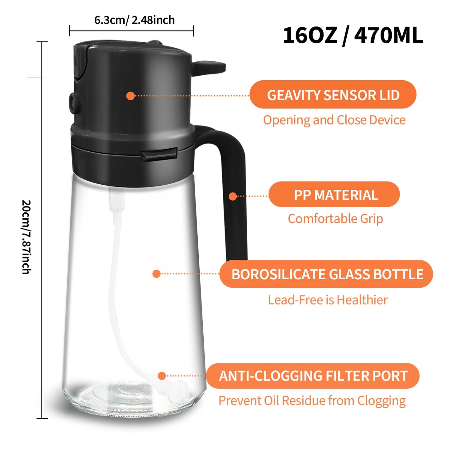 YARRAMATE 16oz/470ml Easy Refillable Oil Sprayer for Cooking, 2 in 1 Oil Dispenser for Kitchen and Oil Sprayer Bottle, Food-Grade Glass Oil Mister with Simple Open Design, Air Fryer,BBQ (Black)