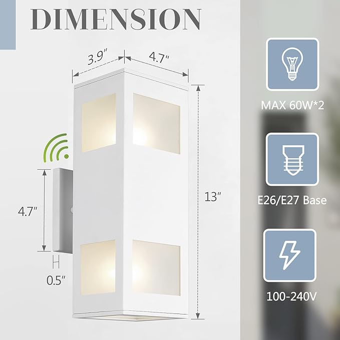 Outdoor Wall Lights, 2 Pack Dusk to Dawn Porch Light Waterproof, 13" Modern Outside Light Rectangular, Large Up Down Exterior Lighting Fixtures for Patio, Garage, Doorway, White