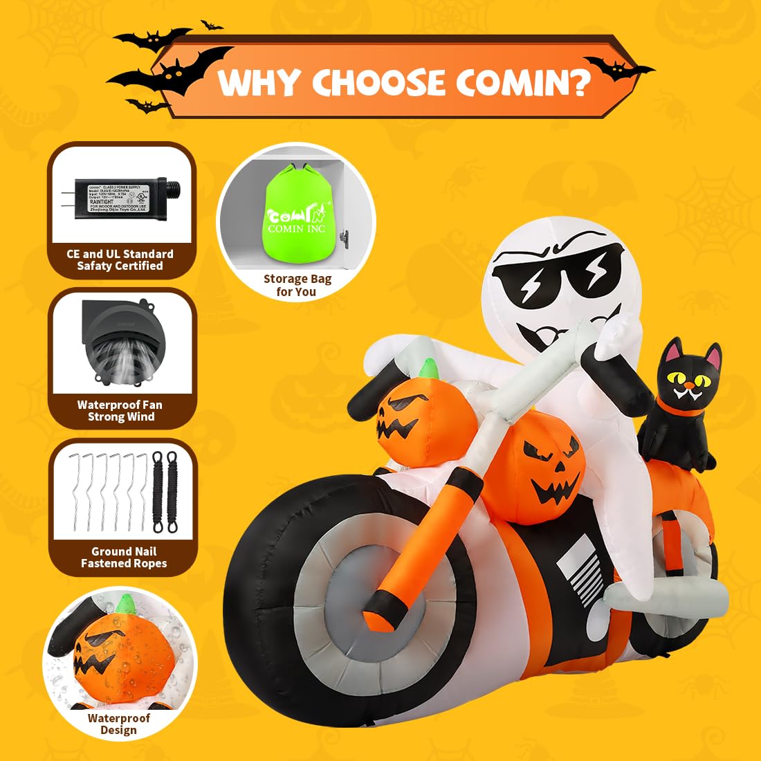 COMIN 6 FT Halloween Inflatables Ghost Outdoor Decorations Blow Up Yard Pumpkin Cat Motorcycle with Built-in LEDs for Indoor Party Garden Lawn Decor
