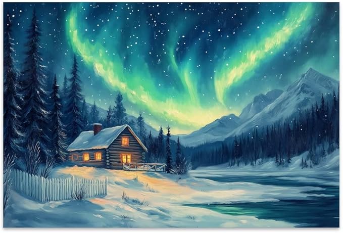 Yesad Aurora Wall Art, Landscape Canvas Wall Art Aurora Borealis Painting Nature Scenery Prints Poster Wall Decor for Cabin, Living Room, Bedroom, Farmhouse Decor (Unframed, 18'x12')