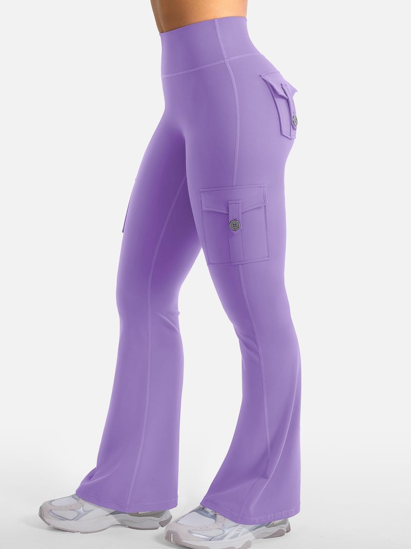 YEOREO CoreFlex Women Workout Flare Leggings with Pockets Hidden Scrunch High Waisted Cargo Gym Yoga No Front Seam Leggings Purple XL