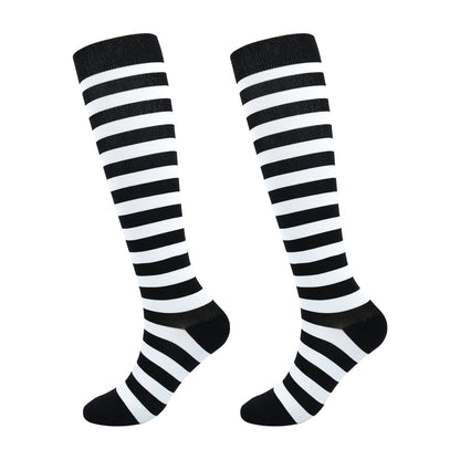 Junely Compression Socks for Women Striped Knee High Stockings for Halloween Goth Running Athletic Nurses Pregnant Women Work Support Travel Flight Sports Gifts Black White