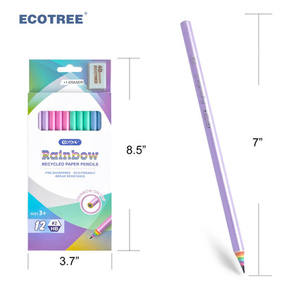 ECOTREE Pre-Sharpened Pencils #2 Eco Rainbow Paper Pencils for Kids Cute Number 2 Pencil with Erasers for School, Writing,12 Count