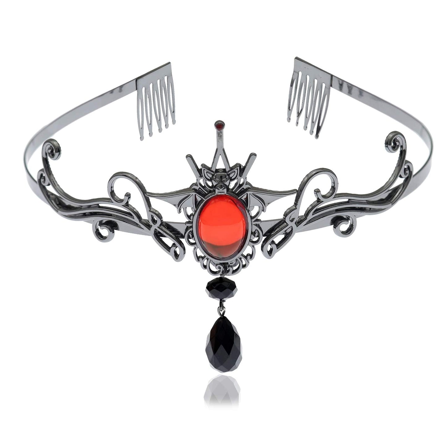 RechicGu Black Vampire Bat Red Stone Halloween Headband Tiara Comb Costume Crown Accessory Queen Party Bride Fascinator Alice Band with a box