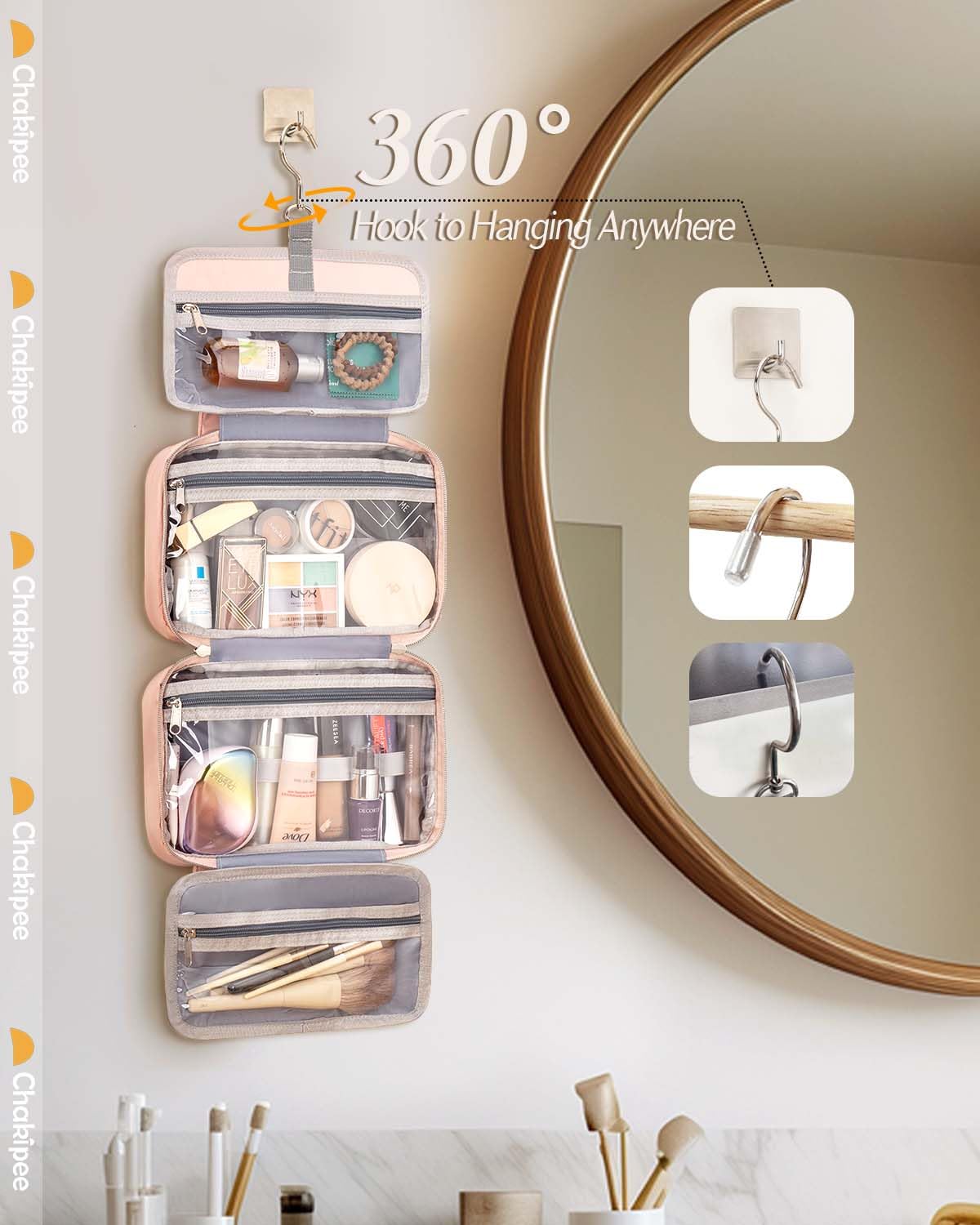 Chakipee Travel Hanging Toiletry Bag for Women - Waterproof Cosmetic Organizer with Clear Window, Lightweight Bathroom Bags for Essentials, Makeup, Shampoo, Toiletries (Pink, Medium)