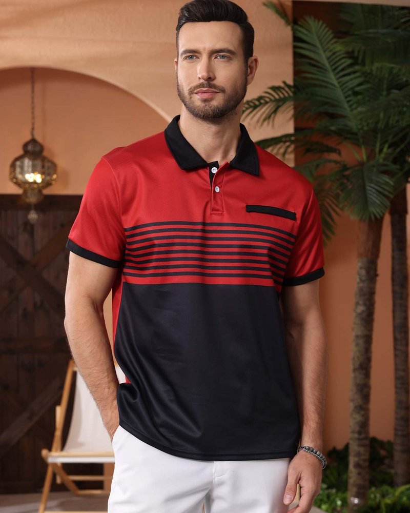 Mens Fashion Color Block Polo Shirts Casual Short Sleeve T Shirt Striped Moisture Wicking Golf Shirts Tops Red