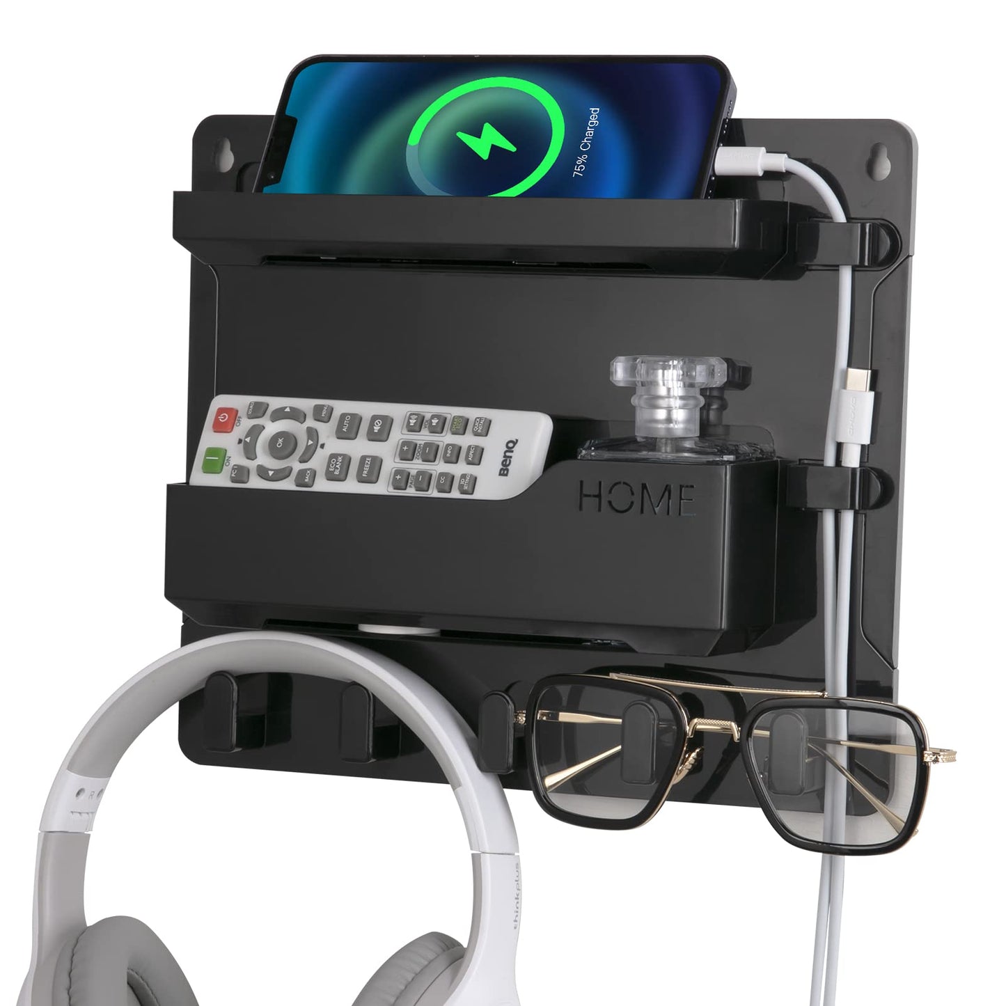 JUMEIHUI Wall Mount Shelf Organizer, Adhesive Bedside Shelf Accessories with Hooks and Cable Clips, Dorm Room Wall Storage for Phone, Remote, Earphone, Kindle, Plastic(Black)