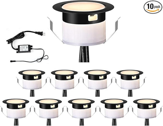 FVTLED LED Deck Lighting Kit, 10pcs Φ1.77 Low Voltage Waterproof Recessed In-ground Lighting for Garden Yard Soffit Patio Stair Decor Lights, Warm White, Black