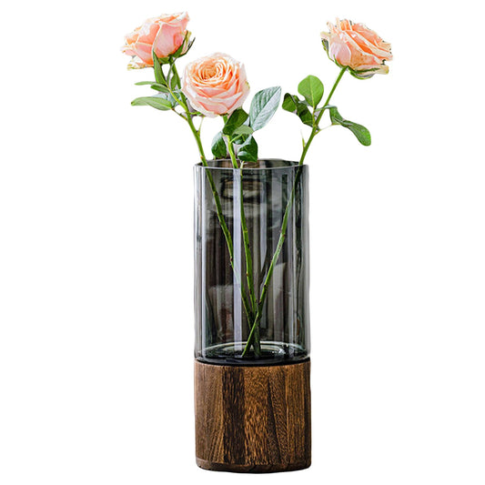 Artistic Wood Glass Vase, 10" H, Wooden Base Cylindrical Flower Vase, Classic Boho Rustic Style for Fireplace Bedroom Kitchen Living Room Centerpieces Office Desk