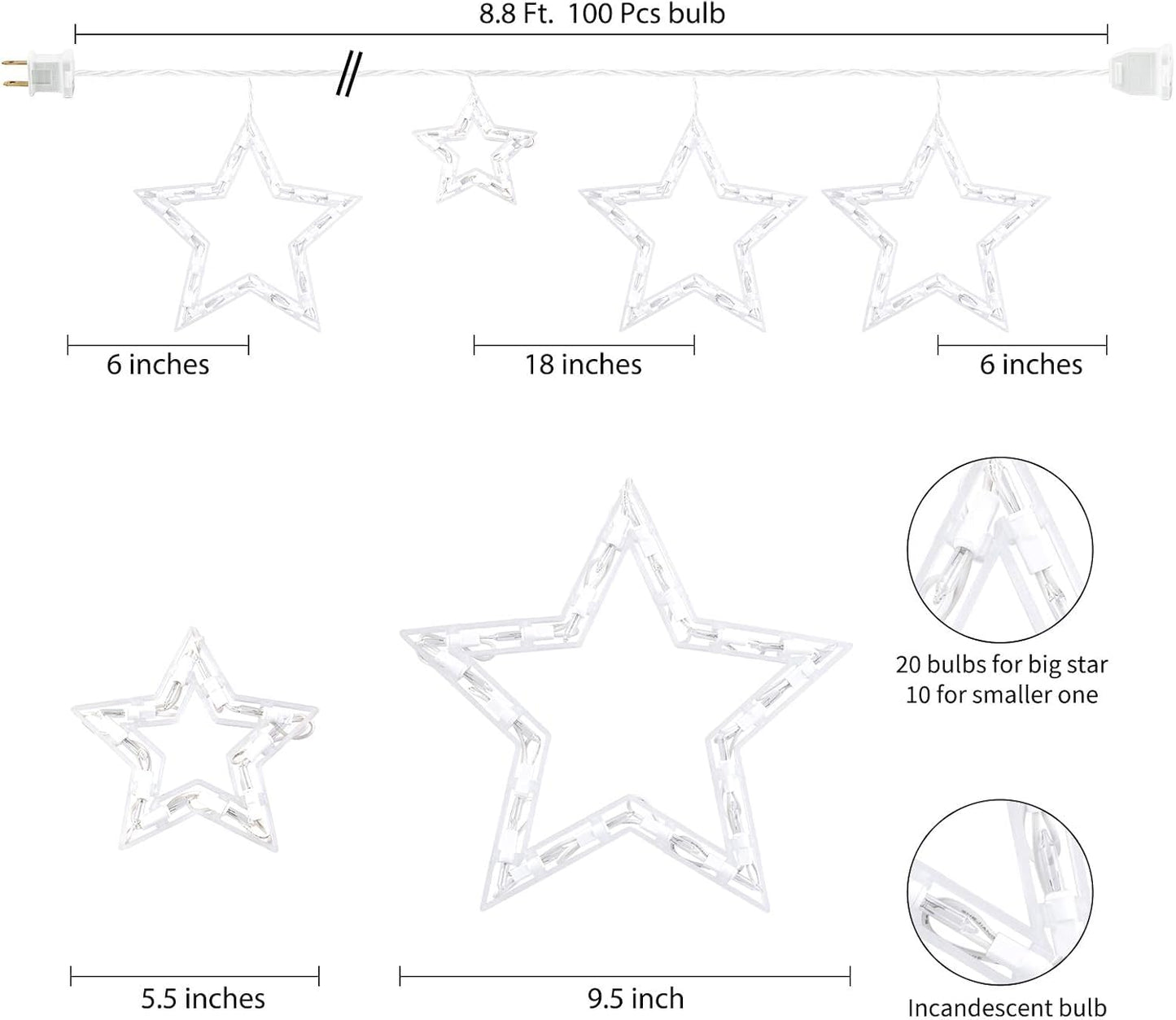 Minetom Christmas Star Icicle String Lights with 6 Drops - 9ft Star Window Lights with 100 Mini Bulbs, Plug-in Connectable Curtain Hanging Lights for Christmas Home Indoor Outdoor Party Holiday Decor