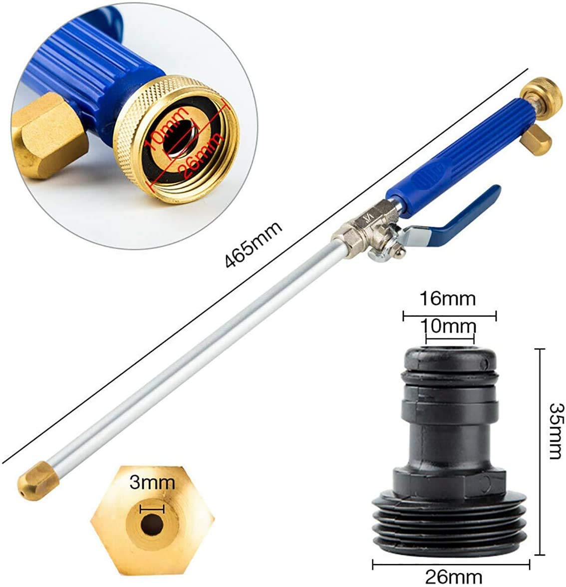 High Pressure Power Washer wand, Hydro Jet Water Hose Nozzle,Watering Sprayer Cleaning Tool, Wand Lance for Gutter Patio Car Pet Window Glass Blue