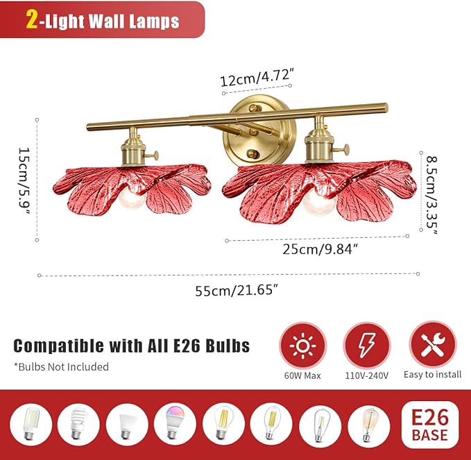 2 light bathroom Lighting Fixture vintage vanity light with Red Flower Glass Shade mid century wall light art deco Bathroom vanity Lights Over Mirror gold brass wall sconce for Hallway Living Room