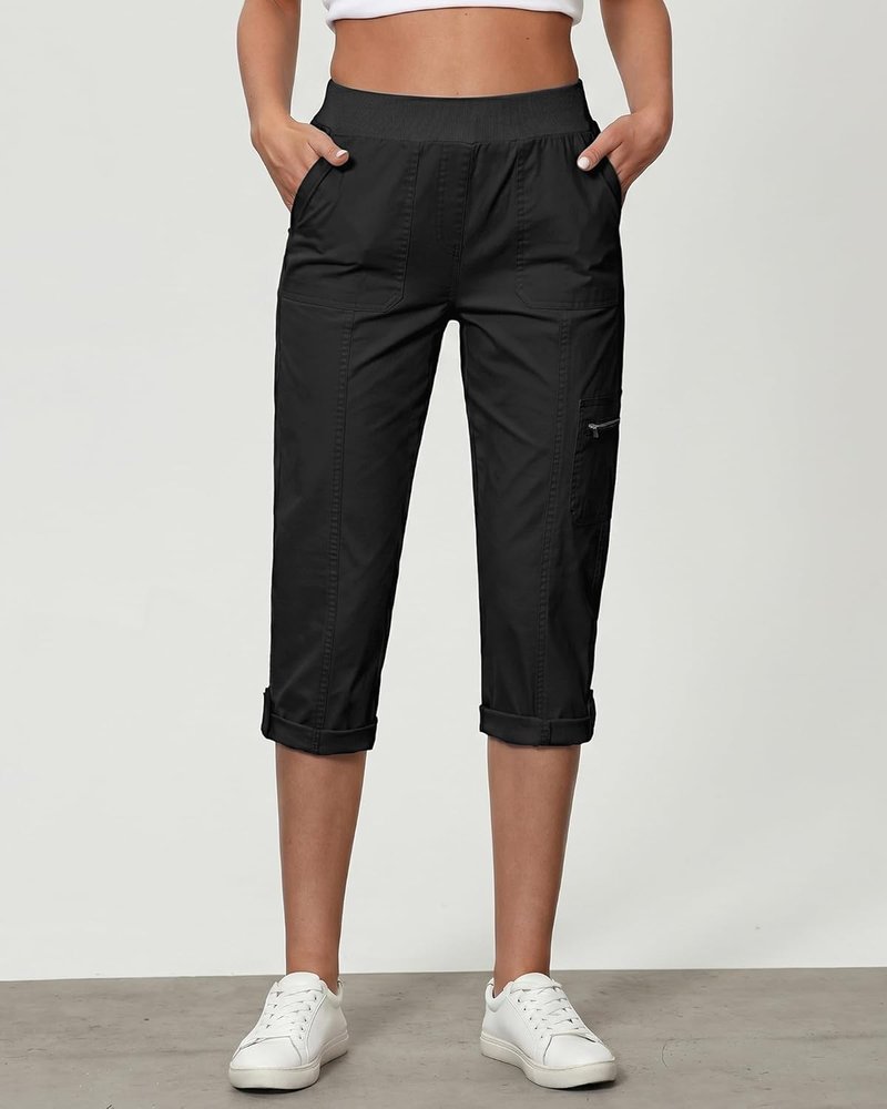 Capri Cargo Pants for Women - High Waisted Stretch Twill with Pockets | Comfortable Fit