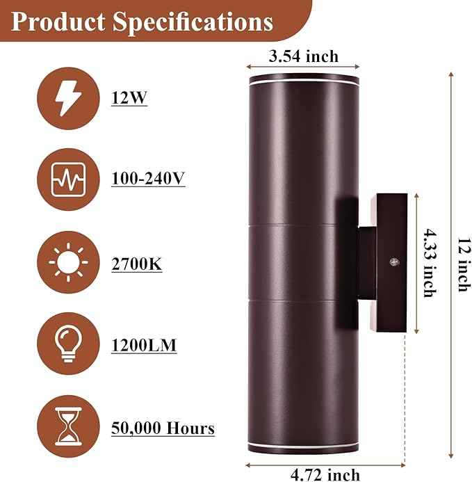 Outdoor Wall Lights 4Packs, Integrated LED Cylinder Up Down 12W 2700K Modern Aluminum Light(Brown)