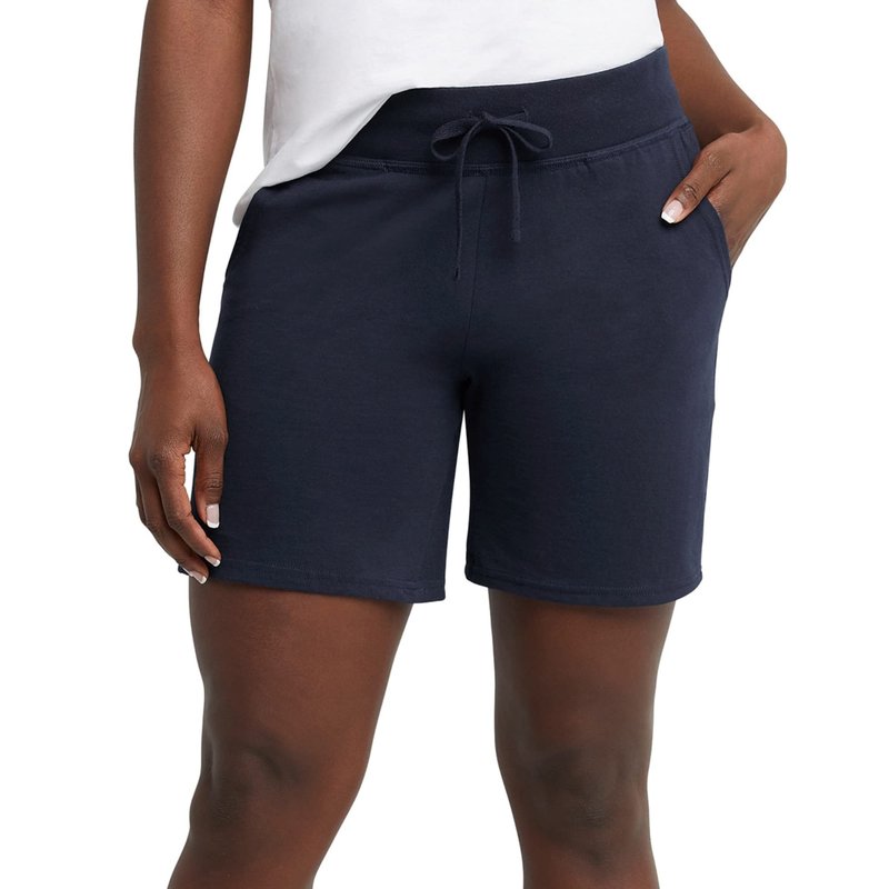 Hanes Womens Jersey Pocket Shorts, Drawstring Cotton 7" Inseam Athletic-shorts, Navy, Medium US