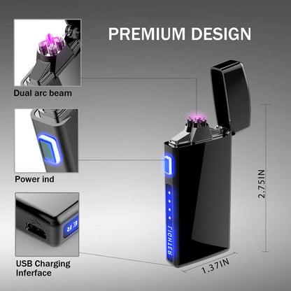Dual Arc Plasma Lighter with LED Battery Indicator and Box, Rechargeable Windproof Flameless Electric Lighters for Fire Outdoors Camping Hiking Friends