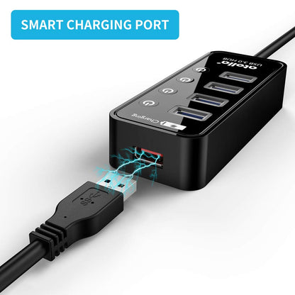 atolla USB Hub with 4 USB 3.0 SuperSpeed Data Ports and 1 USB Smart Charging Port, USB Splitter with Individual On/Off Switches and 5V/3A Power Adapter
