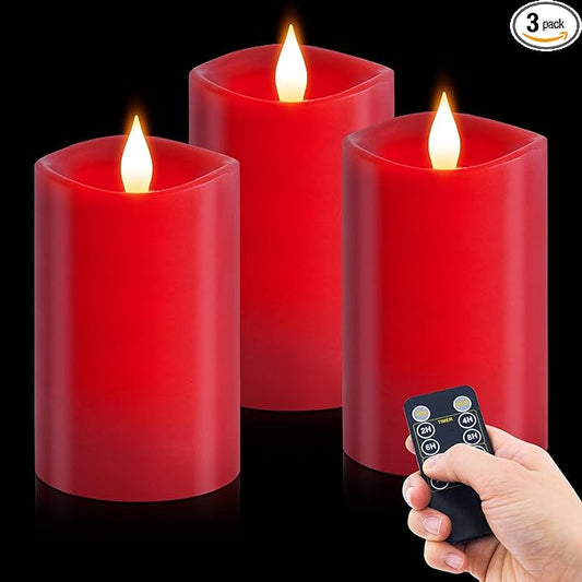 3PCS, 3 x 5 inches Flameless Candle with Remote Control, 3D Flickering Wick, Real Wax Pillar LED Candles, Battery Candles,with Timer,for Holiday Home Decor, Red