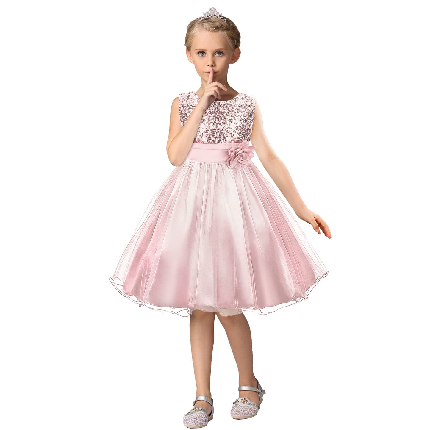 Discoball Girls Princess Dress Sequin Tulle Flower Pageant Birthday Party Wedding Bridesmaid Girl Dresses for 3-12 Years Pink