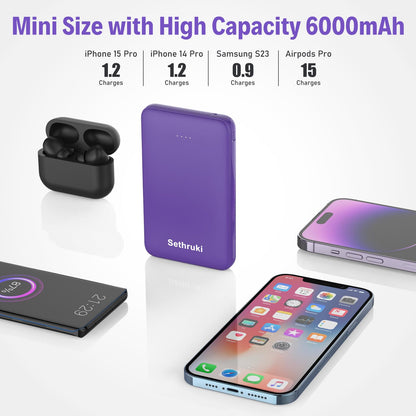 Slim Portable Charger with Built in USB C Cable,20W Fast Charging Power Bank,Small Mini Lightweight Phone Battery Pack 6000mAh,Ultra Thin Travel Essentials for iPhone 17 16 15 Series,Samsung,Android