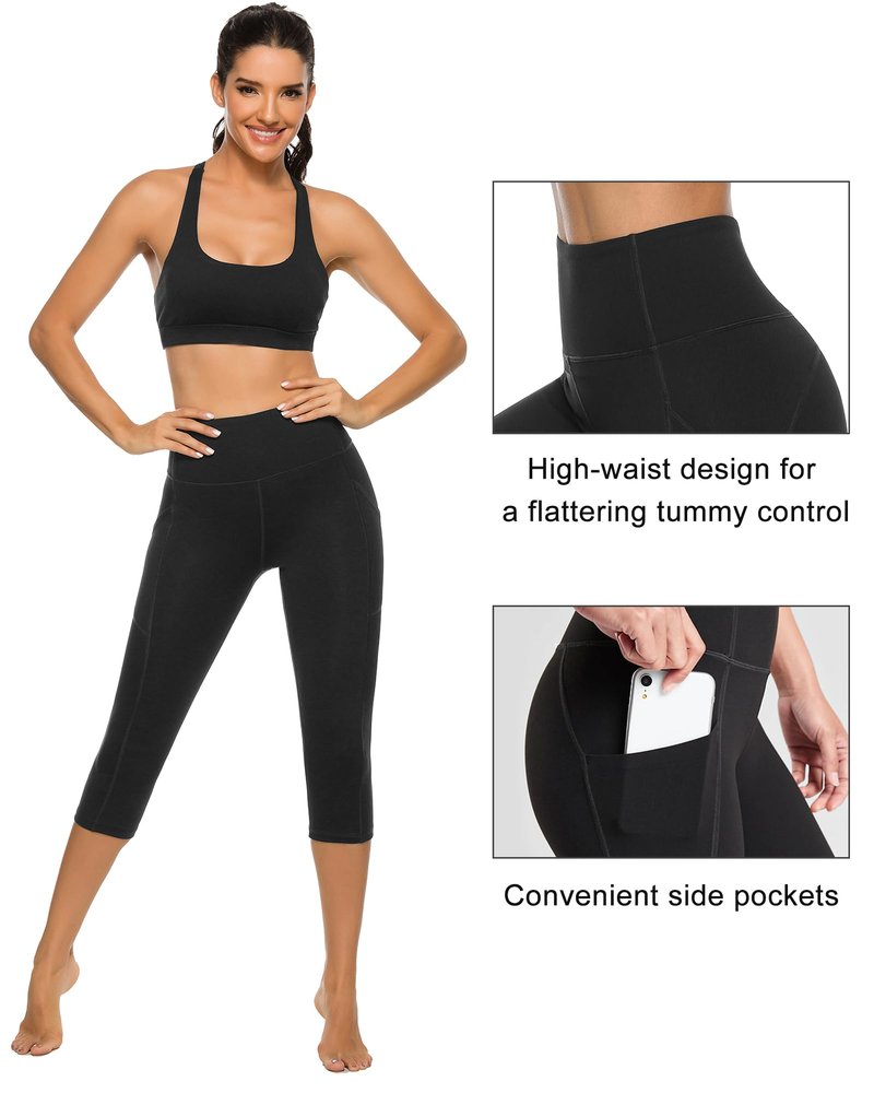Stelle Womens High Waisted Legging Yoga Pants with Pockets for Workout(Black,L)