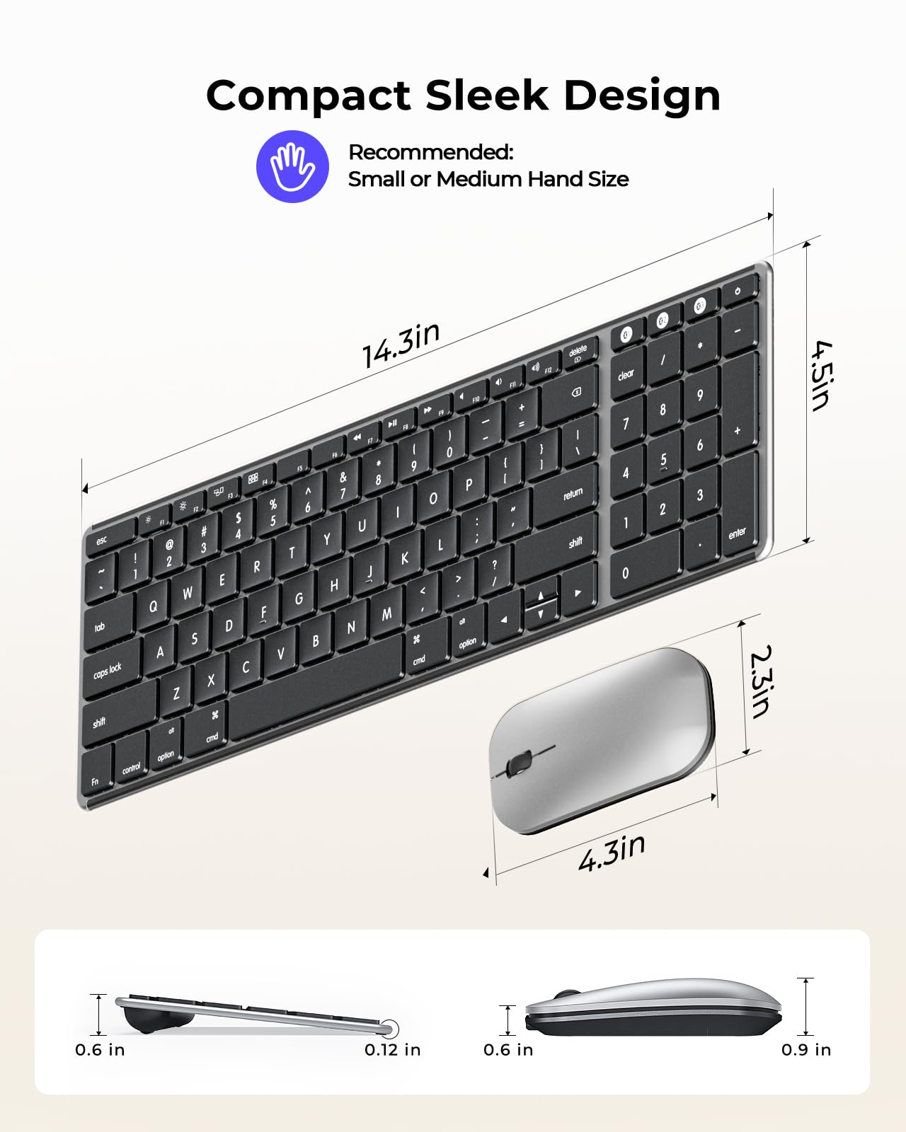seenda Bluetooth Keyboard and Mouse for Mac, SKM64-2 Multi-Device Rechargeable Slim Wireless Keyboard Mouse Stainless Steel Full Size, Compatible with MacBook Pro/Air, iPad, Mac - Space Gray