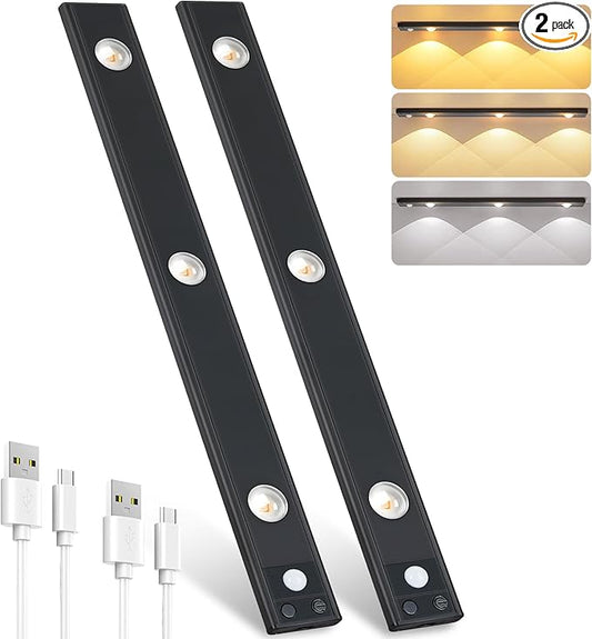 Pak Under Cabinet Lights, Rechargeable Motion Sensor Light Indoor, Wireless and 3-Color Dimmable with Cat’s Eye Hill Effect, for Display Cabinets, Showcases, Wine Racks, 2 Pack, Black