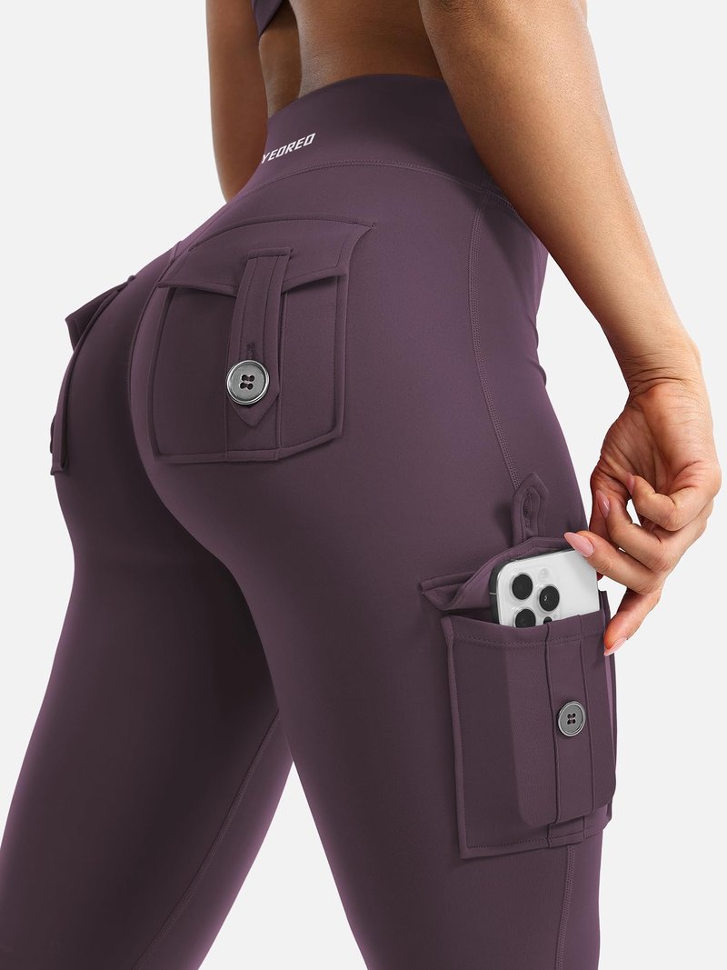 YEOREO CoreFlex Women Workout Flare Leggings with Pockets Scrunch Cargo Gym Yoga Leggings Black Berry Purple XS