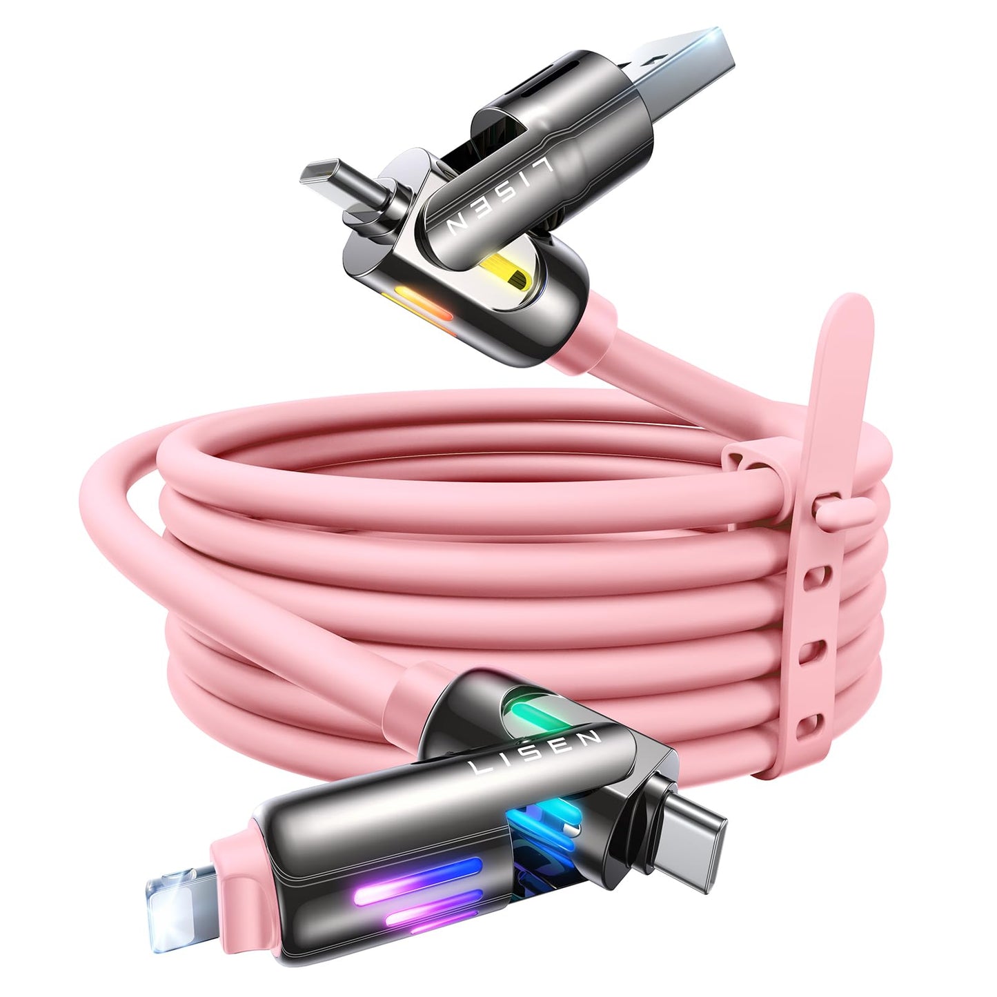LISEN USB C to Lightning Cable, 240W 4 in 1 Charging Cable 6.6FT, Chubby USB A/C to C/Lightning with Light for iPhone Air 17 16 15 14 Pro/MacBook/iPad/Samsung/Switch 2, Multi Chargers for All Devices